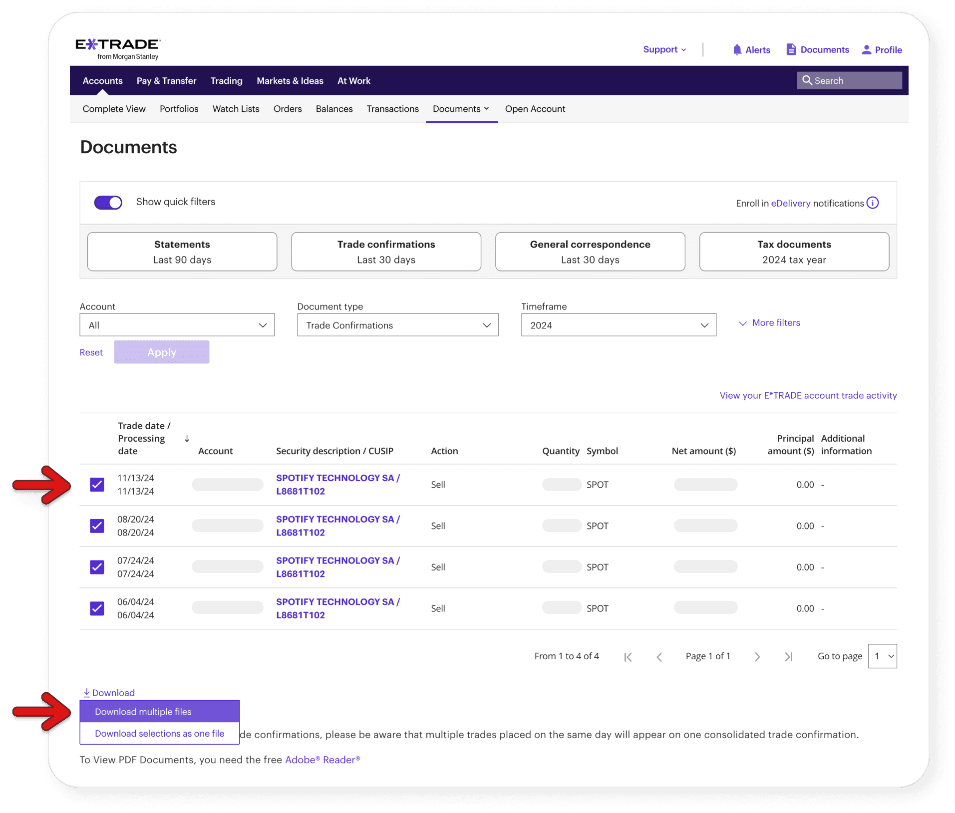 ETrade page showing how to download trade confirmations
