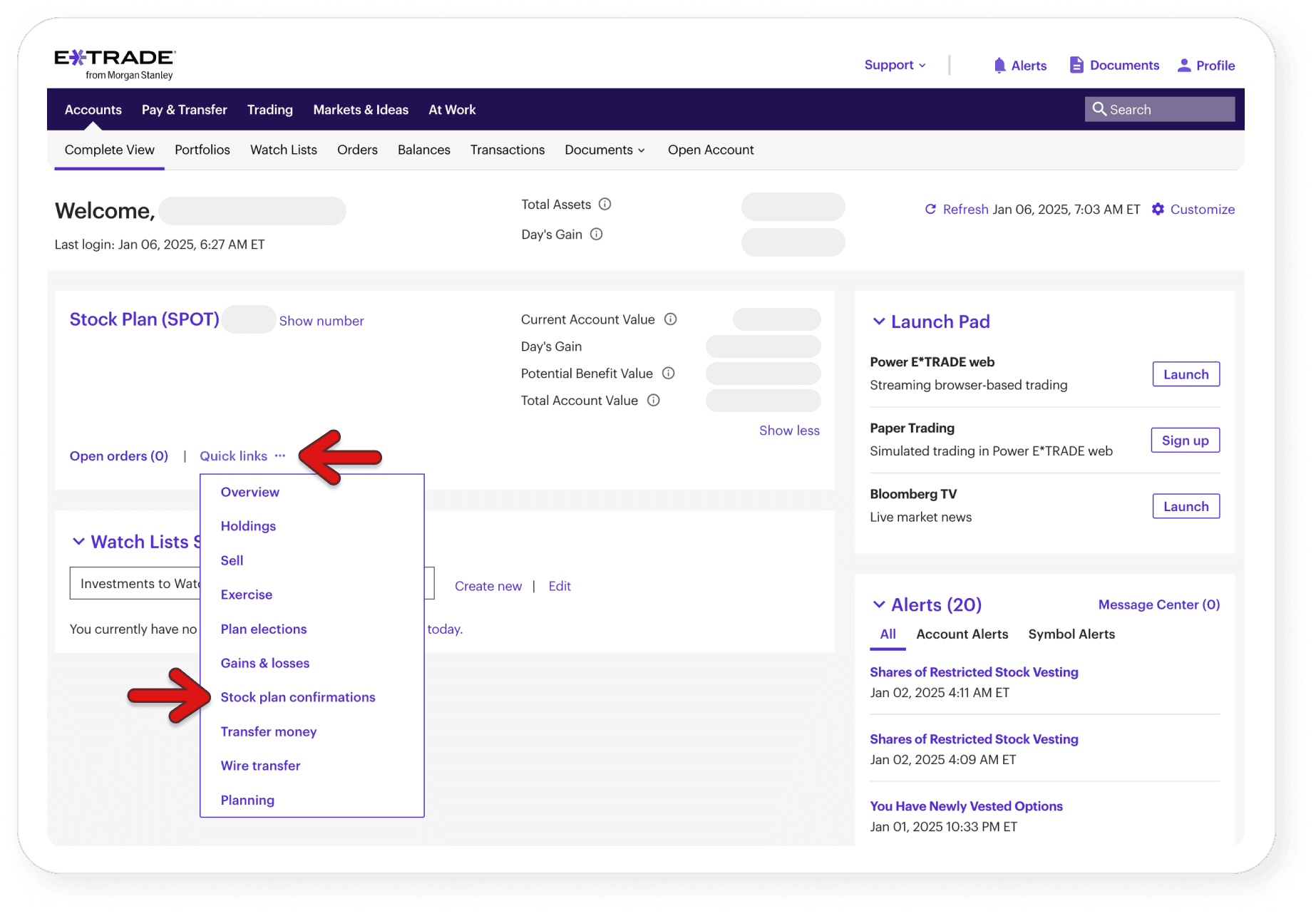 ETrade page showing how to find stock plan confirmations