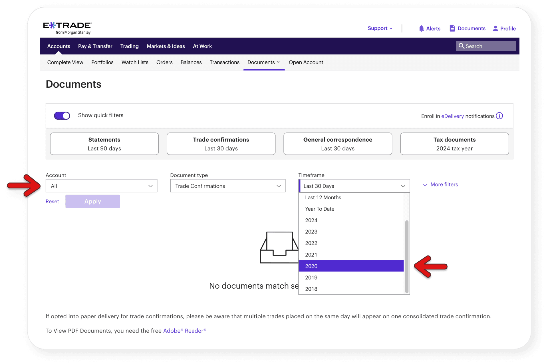 ETrade Documents page showing how to find trade confirmations
