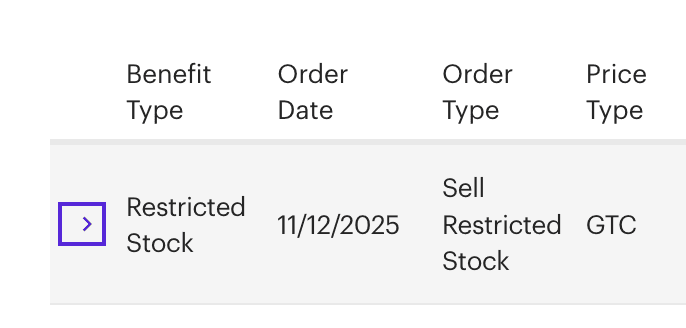 E*TRADE Orders page showing expanded order details with wedge icon