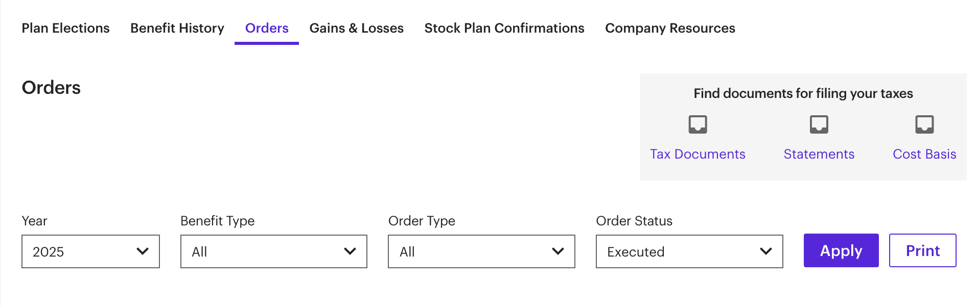 E*TRADE Orders page showing year drop-down and executed status filter
